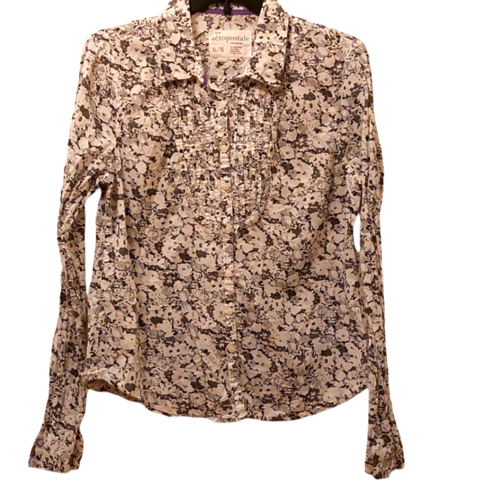 Aeropostale Soft Cotton Blouse XL Gray and White Floral EUC